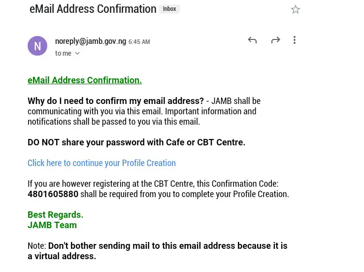 JAMB profile code email
