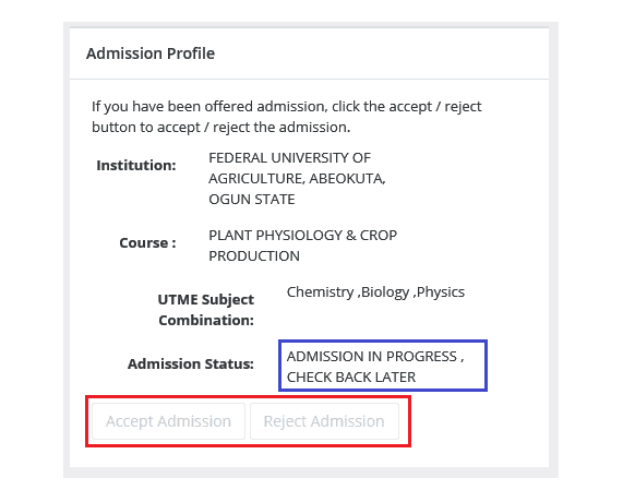 accept or reject jamb admission button inactive