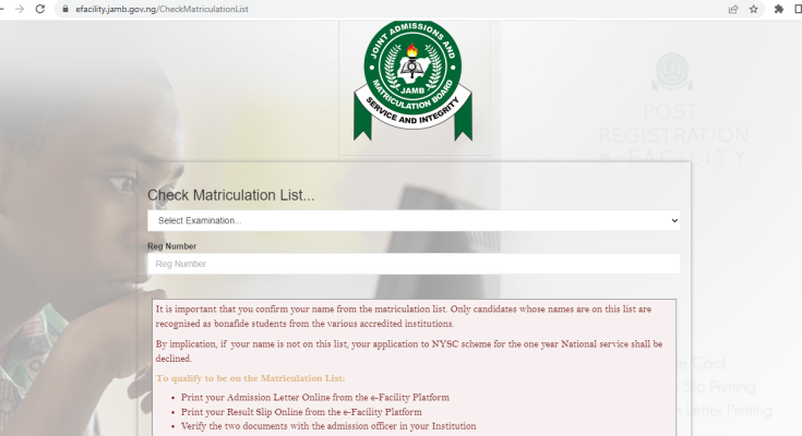 jamb matriculation list