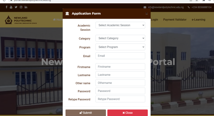 Apply for Newland Polytechnic Post UTME Admission Form